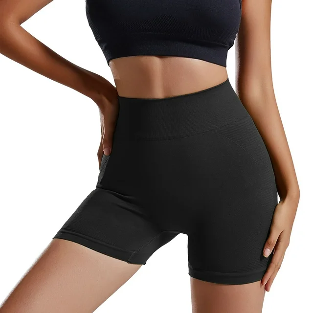 Black Nylon, Spandex Women Solid High Waist Sport Running Shorts